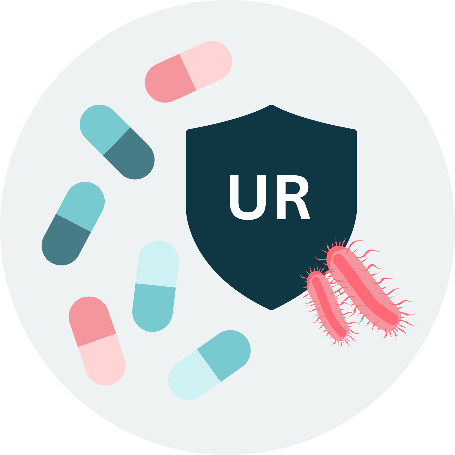 Symbole de ultrarésistance aux médicaments (UR) ; un bouclier protégeant les bactéries contre de nombreux médicaments différents.